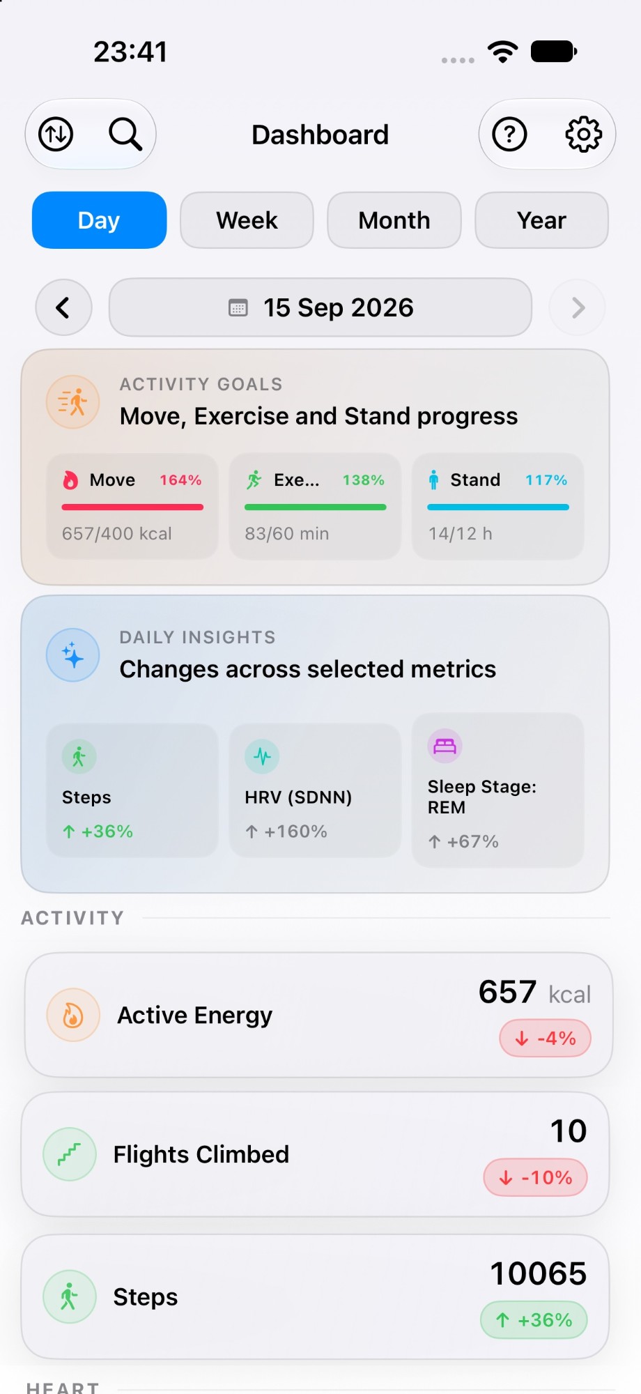 Health Dashboard on iPhone: dashboard with Activity Goals, Daily Insights and activity metrics (light mode)