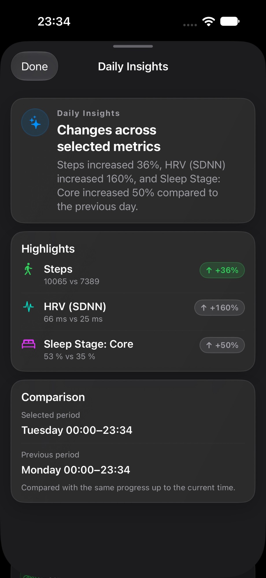 Daily Insights: plain-language summary of changes in steps, heart rate variability (HRV) and sleep